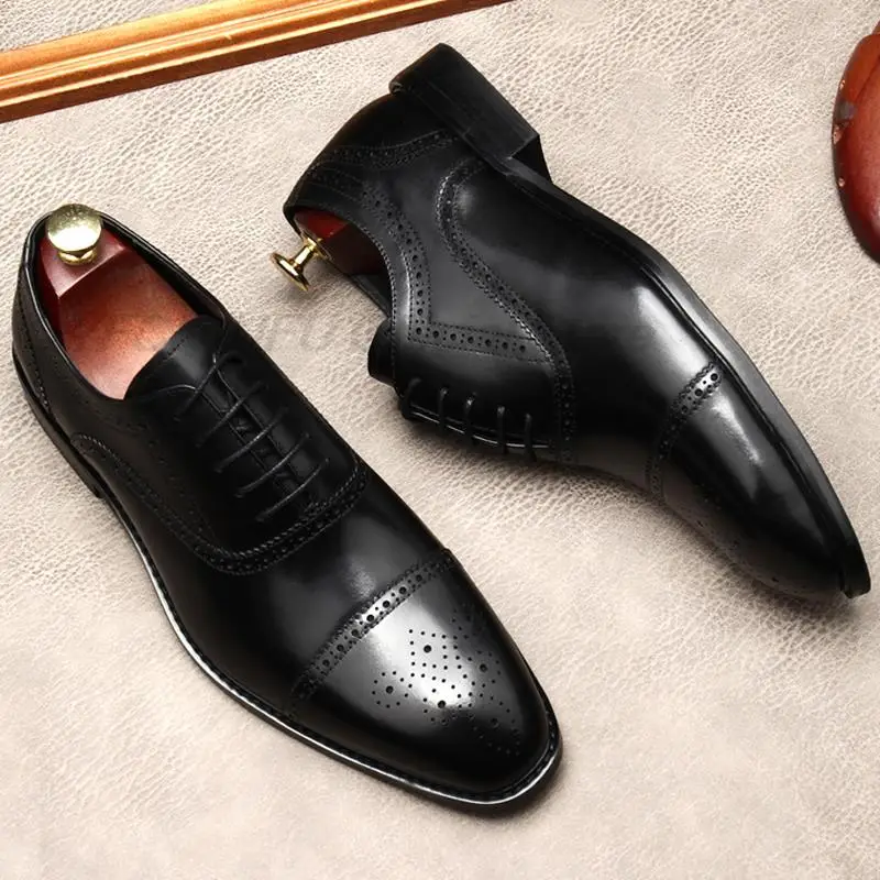 

Men Cap Toe Oxford Shoes Calf Genuine Leather Dress Shoes Handmade Black Classic Wedding Party Formal Shoes Mens Luxury Shoes