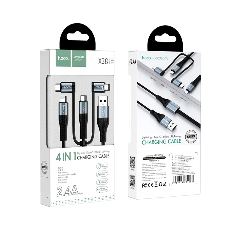 HOCO 4 в 1 usb-кабель для iPhone 11 Pro X XS max XR кабель для быстрой зарядки 3 в 1 кабель Micro USB type C для samsung Galaxy S10 S9