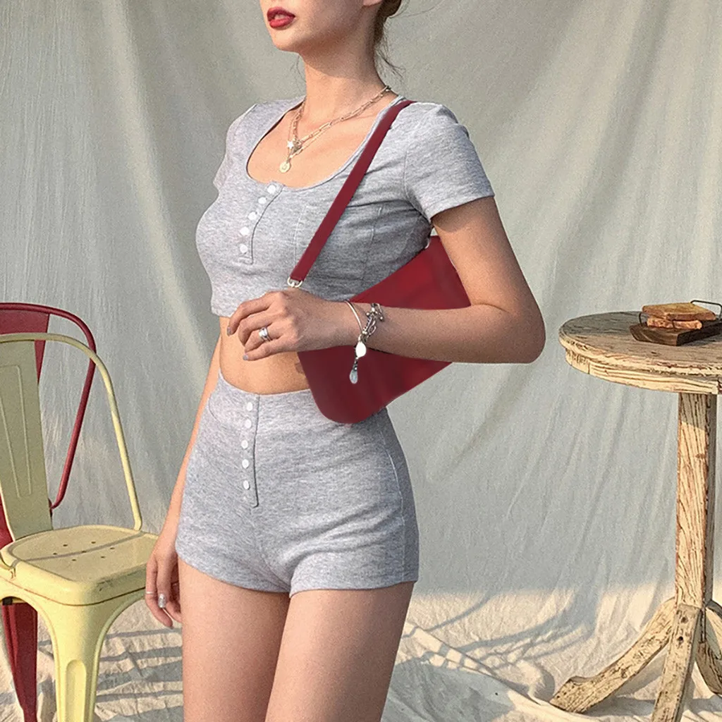 

Casual fashion Women Girls Spring and summer Polyester Solid Button Short Sleeve Shorts Home Wear Pajamas Suit h4