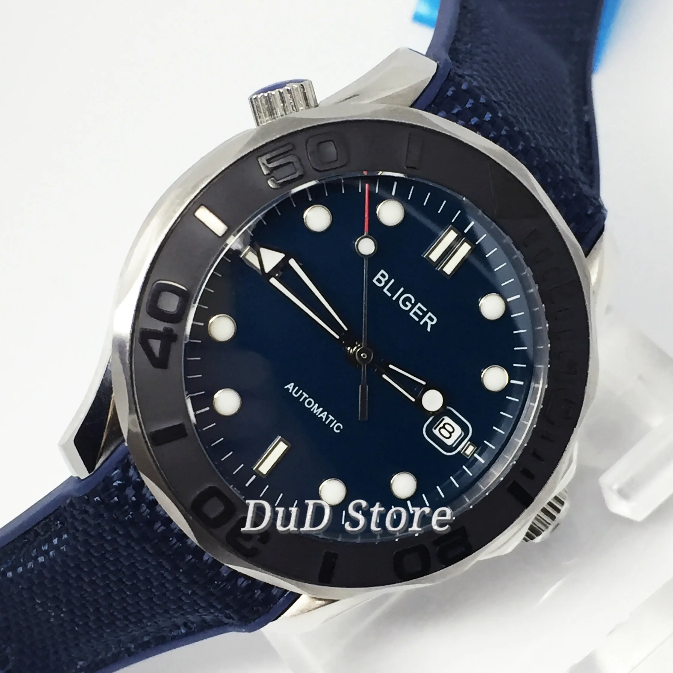 Автоматические механические часы Bliger 40 мм синий керамический Безель чехол из