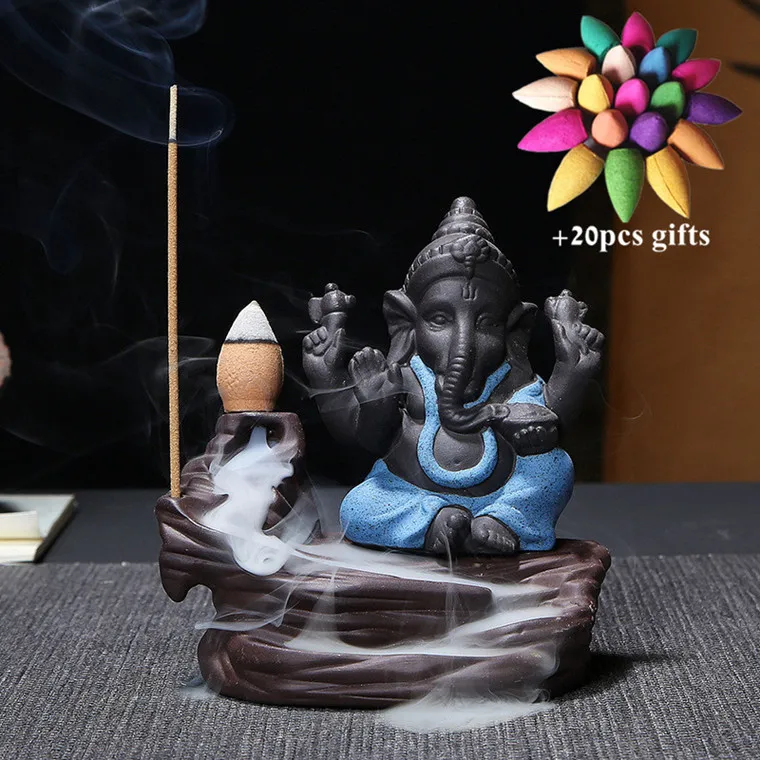 Blue-B Керамический Бог слон Ganesha курильница для благовоний горелка Индия водопад курильница подставка для ароматических палочек домашний декор+ 20 шт Бесплатные конусы - Цвет: Blue-B
