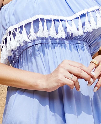 

Sexy single shoulder waist tassel dress blue stitching dress sweet pastoral style 2020 summer new