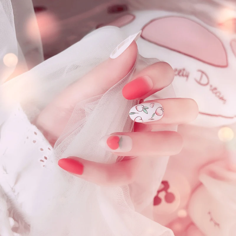 Матовые накладные ногти с персиковым узором акриловые круглой головкой
