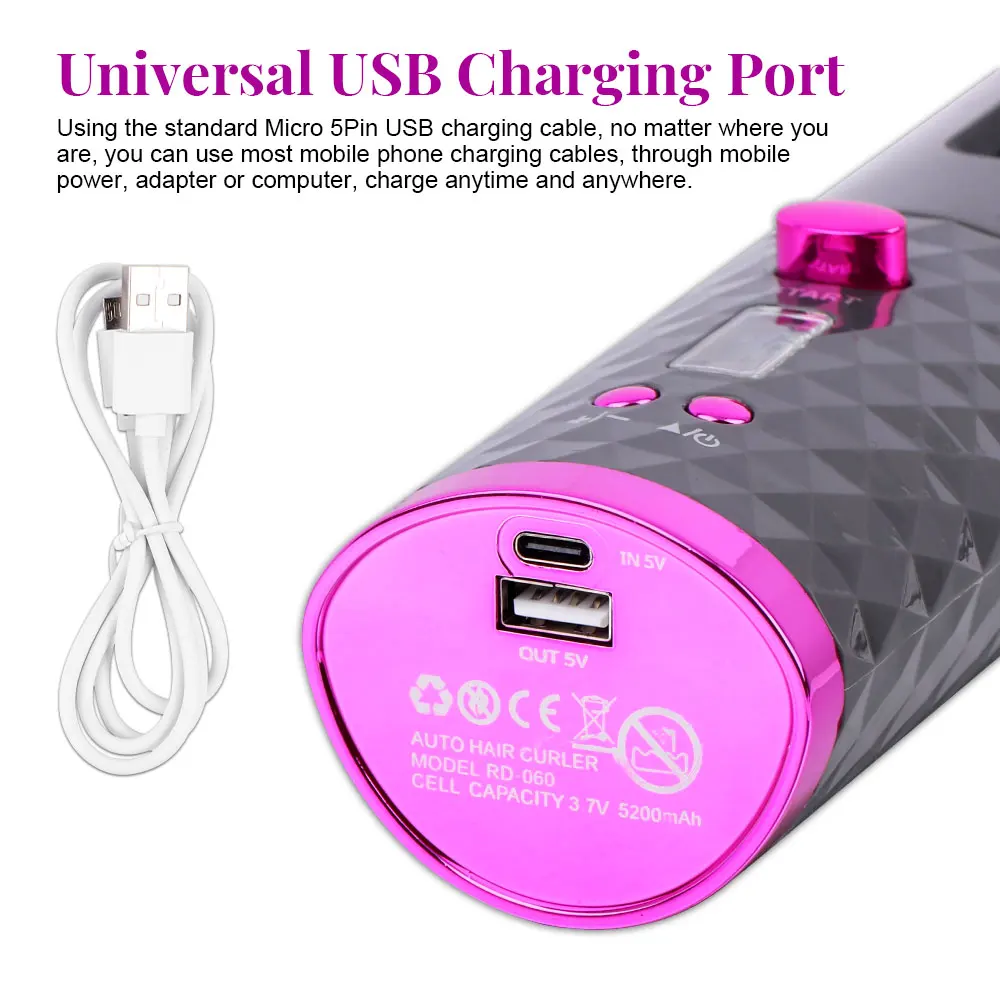 

Cordless Automatic Hair Curler Curling Iron USB Rechargeable Auto Rotating Curling For Hair Curly Machine Waves with Comb+Clips