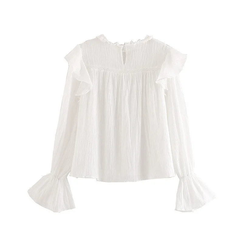 NSZ Женская белая рубашка с расклешенными рукавами и круглым воротником вышивкой