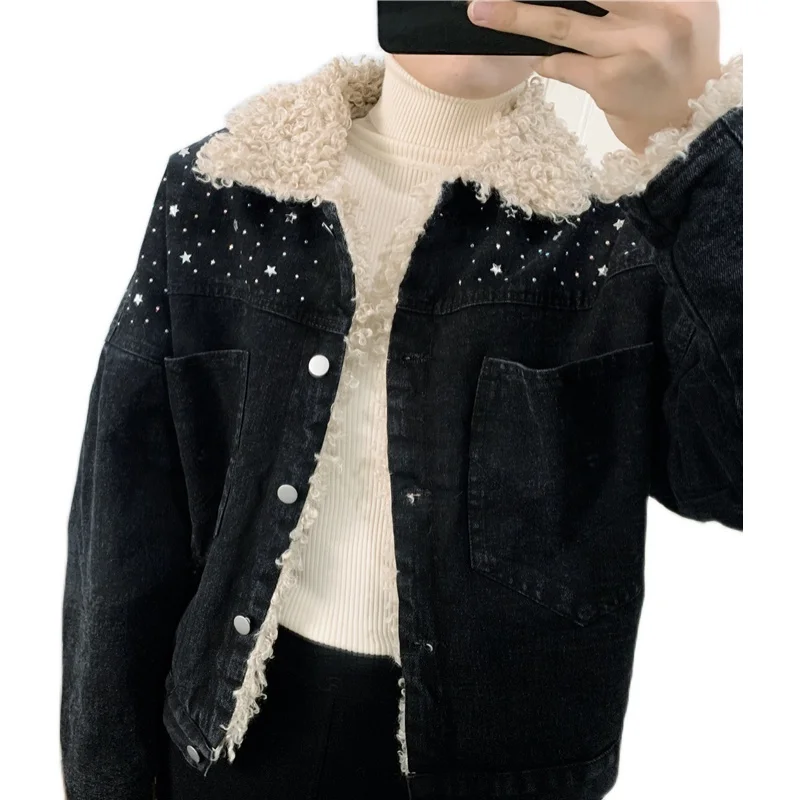 Женская джинсовая куртка из овечьей шерсти универсальная утепленная на флисе