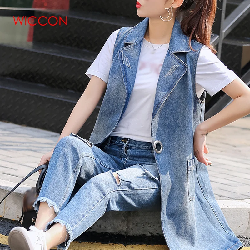 Женская джинсовая куртка длинный ковбойский жилет с воротником весна осень