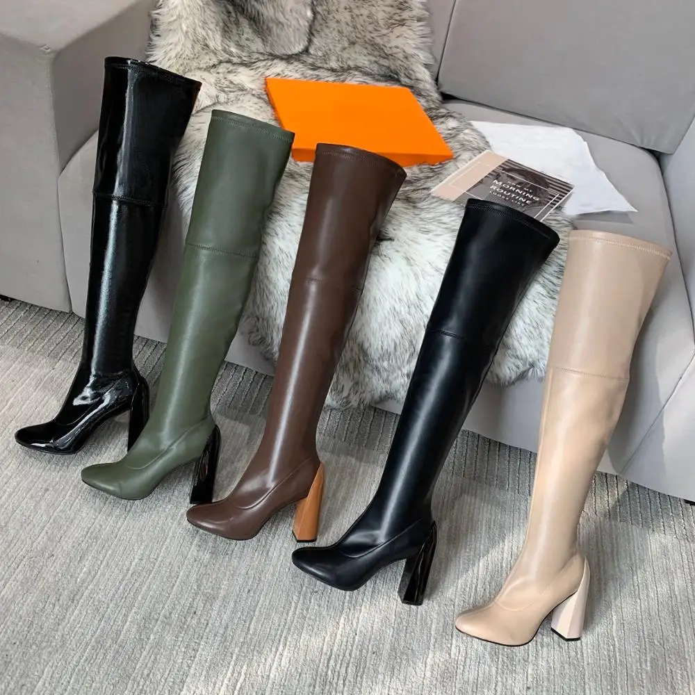 Женские мотоботы обувь из натуральной кожи выше колена на высокой платформе
