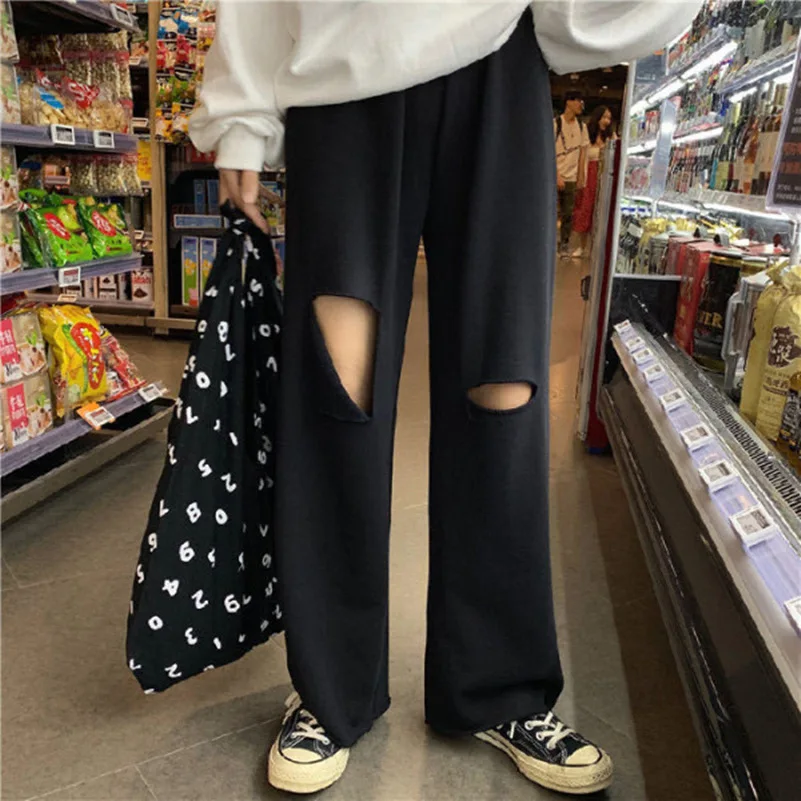 

Women Casual Pants Slouchy Hole Designer Trendy Large Size S-3XL Teenagers Daily All-match Females Trousers Boyfriend High Waist
