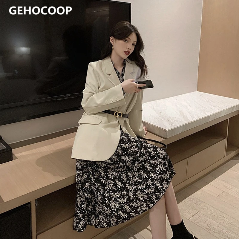 

Women Floral Dress Suit White Blazer Coat 2pcs Loose Pocket Notched Long Sleeve Drape Female Outwear Casual Overcoat Chic Top
