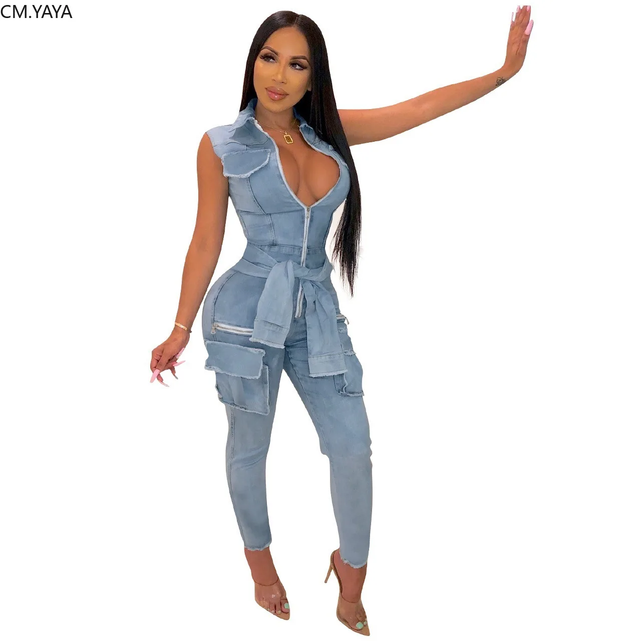 women button up sleeveless with pocket sleeve sashes safari denim jumpsuit classic fashion jeans romper playsuit 2 color GLQ314 | Женская