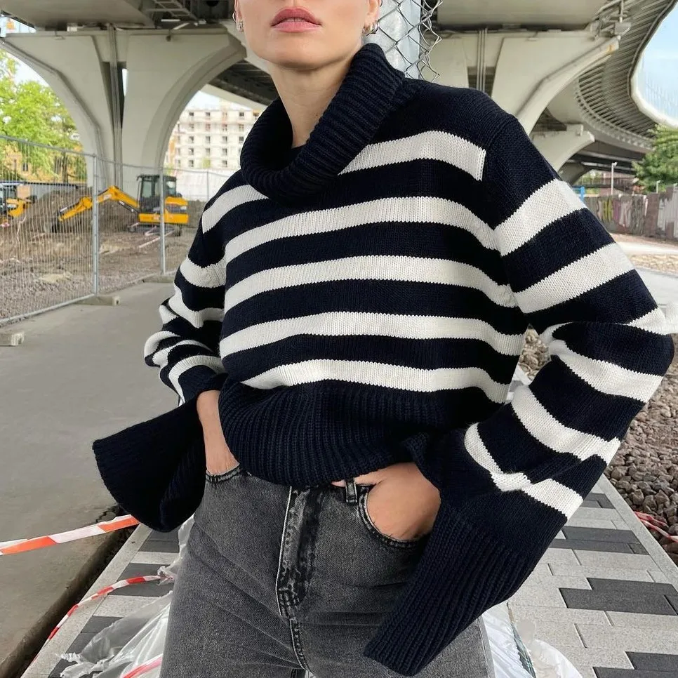 

Spring And Autumn Women Turtleneck Sweater Pullover Hem Slit Loose Stripes Long Sleeve Warm Female Retro Jumper Tops
