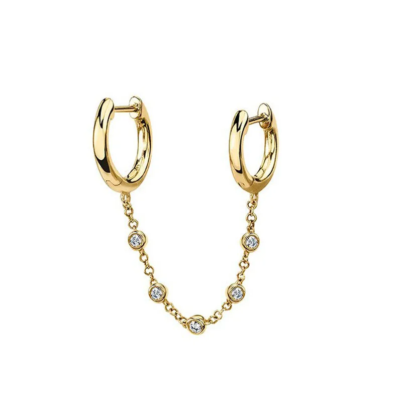 

A00745 Trendy Pave Round Zircon Cuban Link Chain Tassel Ear Buckle for Women Real 925 Sterling Silver Bohemian Earrings