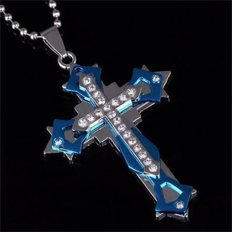 

European And American Retro Crystal Cross Men's Three-layer Stainless Steel Personality Necklace