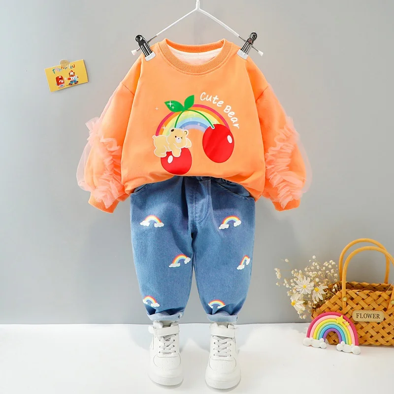 

Детский осенний комплект, новинка, детский модный свитер, джинсы с длинным рукавом, милый детский комплект из двух предметов с принтом вишни