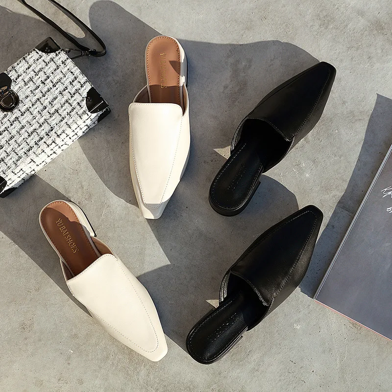 Мюли женские на толстом каблуке однотонные шлепанцы квадратный носок