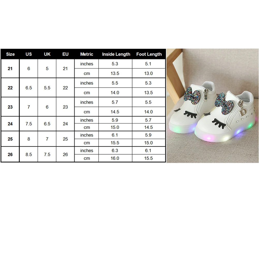 

Girls Rubber Sole Bowknot Cartoon Kids PU Crystal Baby Casual LED Luminous