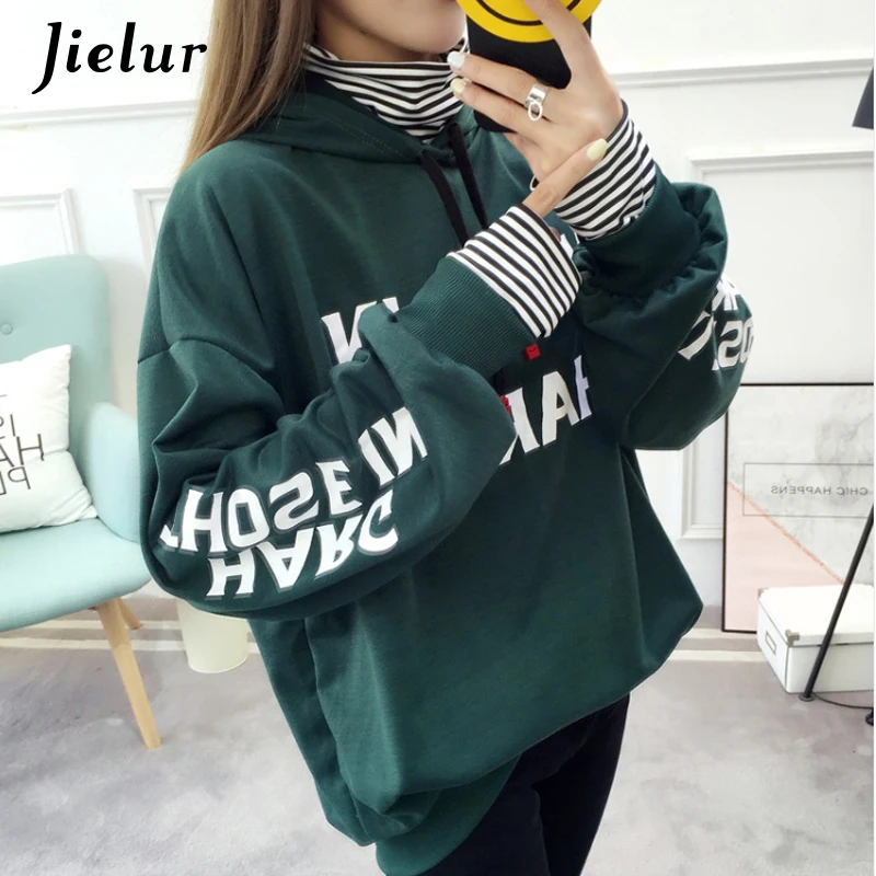 Jielur поддельные две части осенние женские толстовки с буквенным принтом в полоску