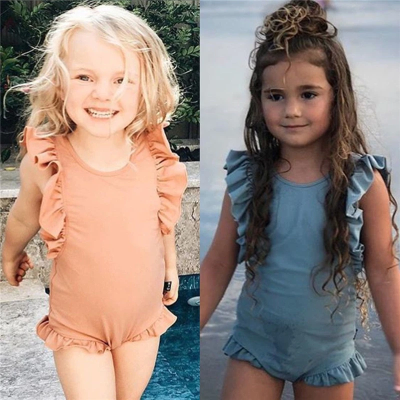 Модный летний купальный костюм бикини с рюшами для маленьких девочек однотонный