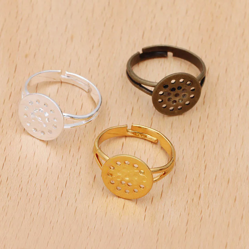 200pcs Adjustable Men Women's Blank Ring Cabochons Cameo 12mm Flat Circle Pad Bezel Ring tray Base Settings DIY Jewelry Findings