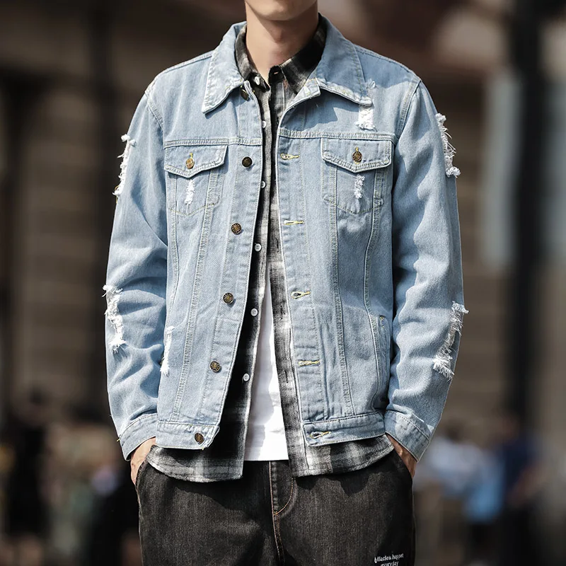 

2021 Casual Cool Men Stripe Loose Denim Cargo Jacket Overcoat Male Japan Streetwear Hip Hop Loose Jeans Coat