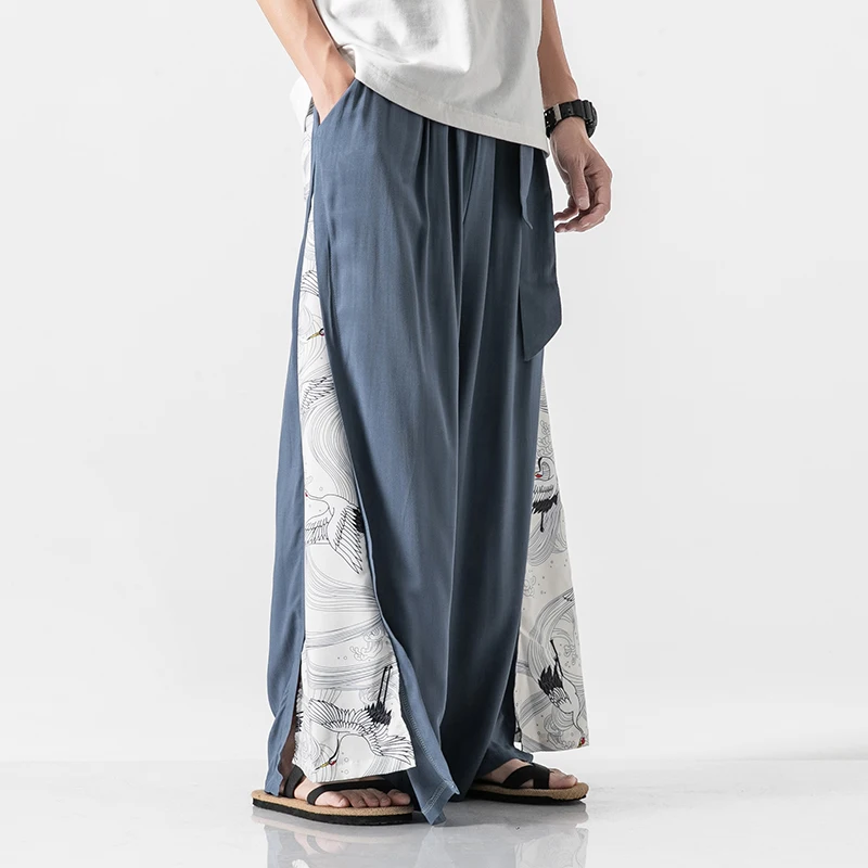 

Cotton Linen Wide Leg Pants Mens Chinese Style Patchwork Vintage Man Leisure Trousers 2020 Summer Harem Pants Male Fashion Pants