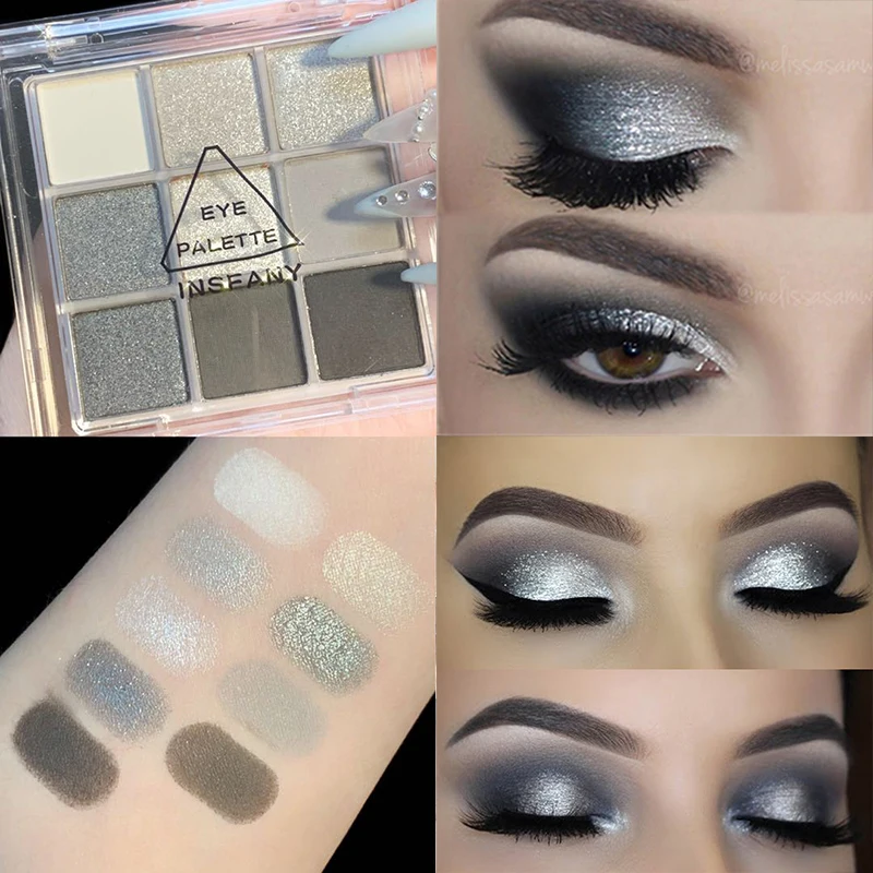 

Eyeshadow Palette 9 Colors Gray Matte Glitter Smoky Eye Pigments Makeup Palette