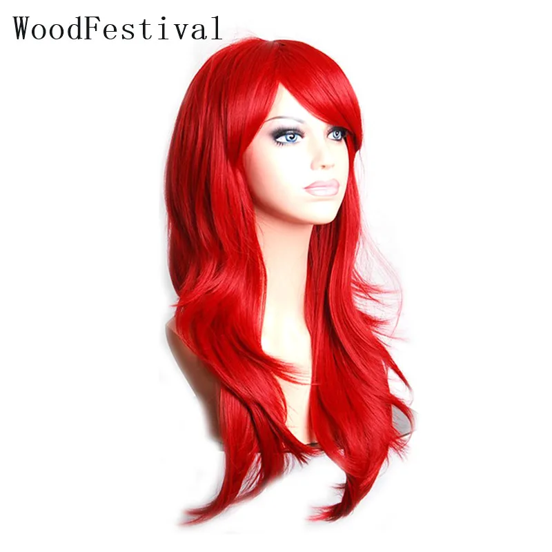 WoodFestival Women's Red Cosplay Wigs Synthetic Hair Wig With Bangs Wavy Long Pink Green Purple Black Blue Brown Blonde White