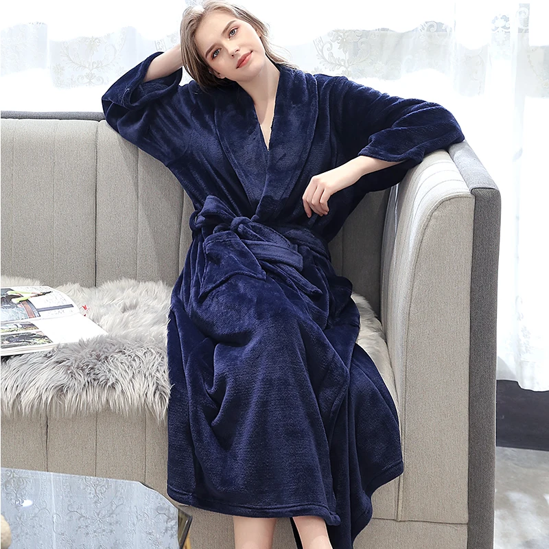 Women Navy 40-130 кг плюс размер мужской зимний длинный плед теплый коралл, овечья шерсть, халат для ванной фланелевый банный халат кимоно пеньюары домашний халат ночная одежда для сна - Цвет: Women Navy