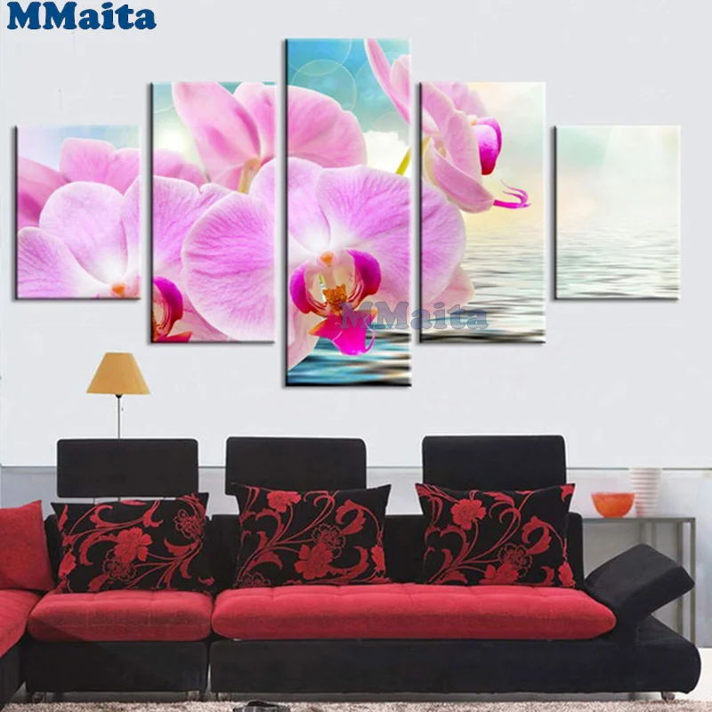 

5D diamond painting cross - stitch pink orchid river water full square, round diamond painting Mosaic wall art home decor GG5260