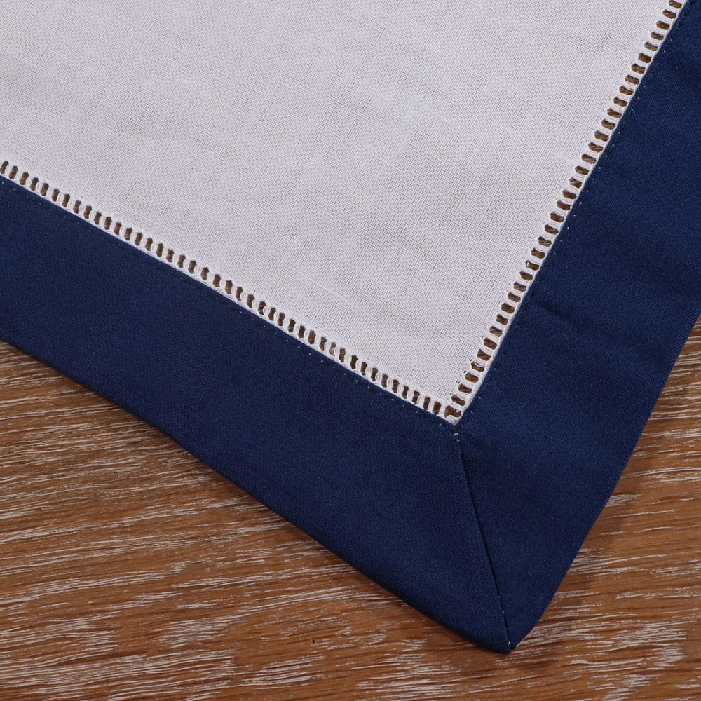 N037-DB-20: 12pieces White Hemstitch Dinner Napkins Dark Blue hem Ramie Cotton Blend Ladder table linen | Дом и сад