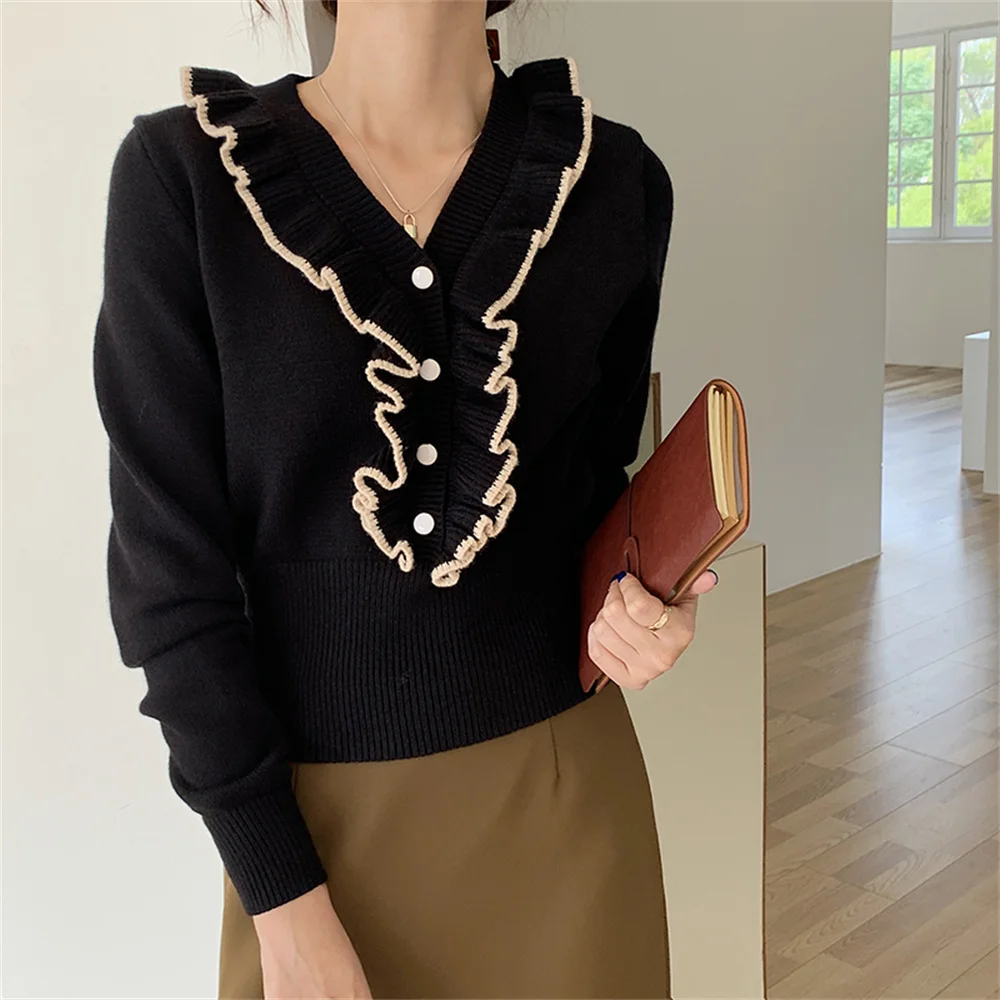 

Женский свитер с оборками HziriP, элегантный трикотажный свитер облегающего силуэта высокого качества, милый шикарный свободный пиджак в офис...