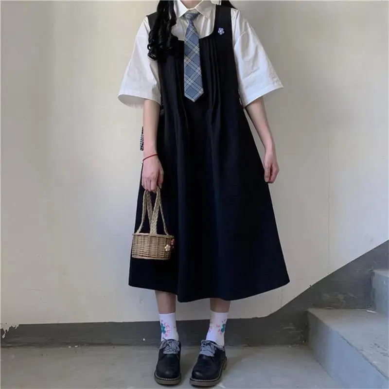

Spring Summer Female Clothes Women Suit 2021 New Korean Loose Short Sleeve Top and Dress Set Two-piece Jk Uniform Sets Y152