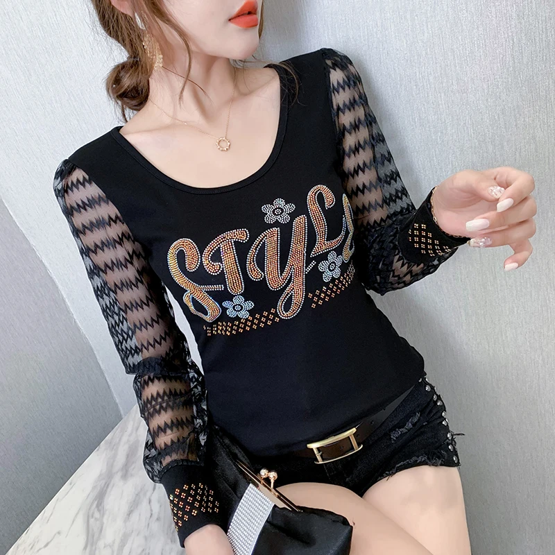 

Winter European Clothes Cotton T-Shirt Chic Sexy Shiny Diamonds Women Tops Patchwork Lace Long Sleeve Tees