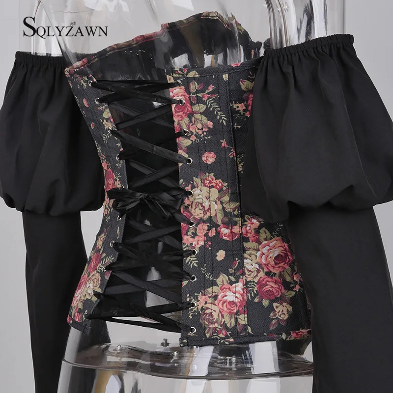 Женский винтажный корсет с открытыми плечами черный облегающий длинными