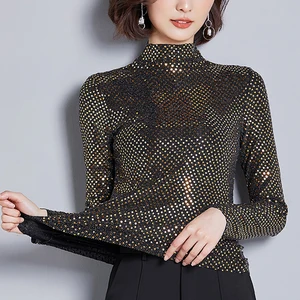 с длинными рукавами, модная повседневная рубашка, плюс размер 3XL Весна 2019, новые женские блузки, получерепаха, шеи, модные, расшитые блестками  314B3