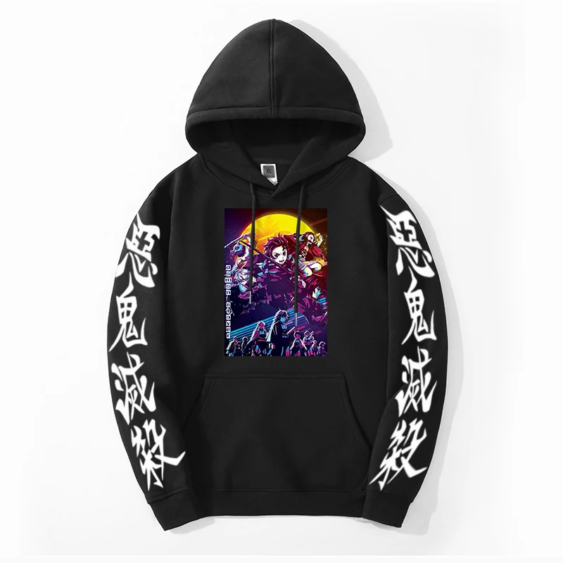 

Зимние мужские флисовые крутые толстовки Kimetsu no Yaiba, Толстовка Оверсайз с капюшоном, толстовки Tanjirou с аниме рассекающим демонов, простые тол...