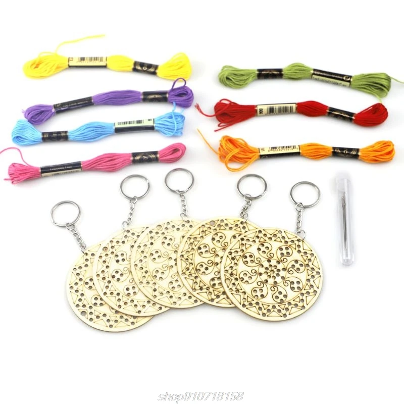 5 шт. круглая деревянная вышивка крестиком брелок кольцо с шерстяной нитью Набор