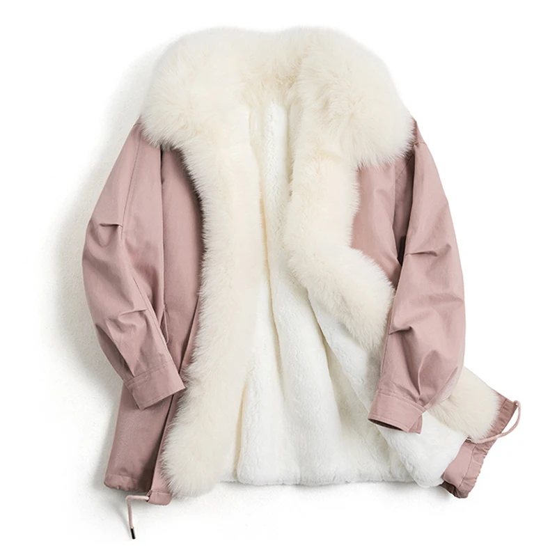 

Thick warm parka real fur coat women winter high quality real fox fur big collar and placket rabbit fur linner female jacket
