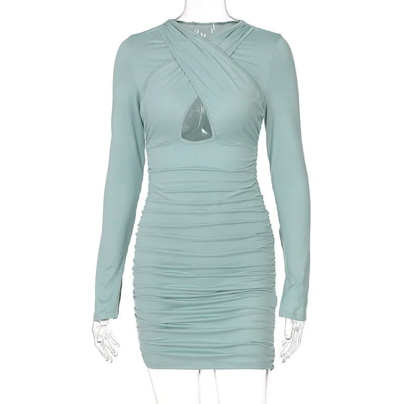 

Summer Sexy Dress Women Casual Hollow Out Long Sleeve O-neck Folds Solid Dresses Women Mini Dress Skinny Female Vestidos Robes