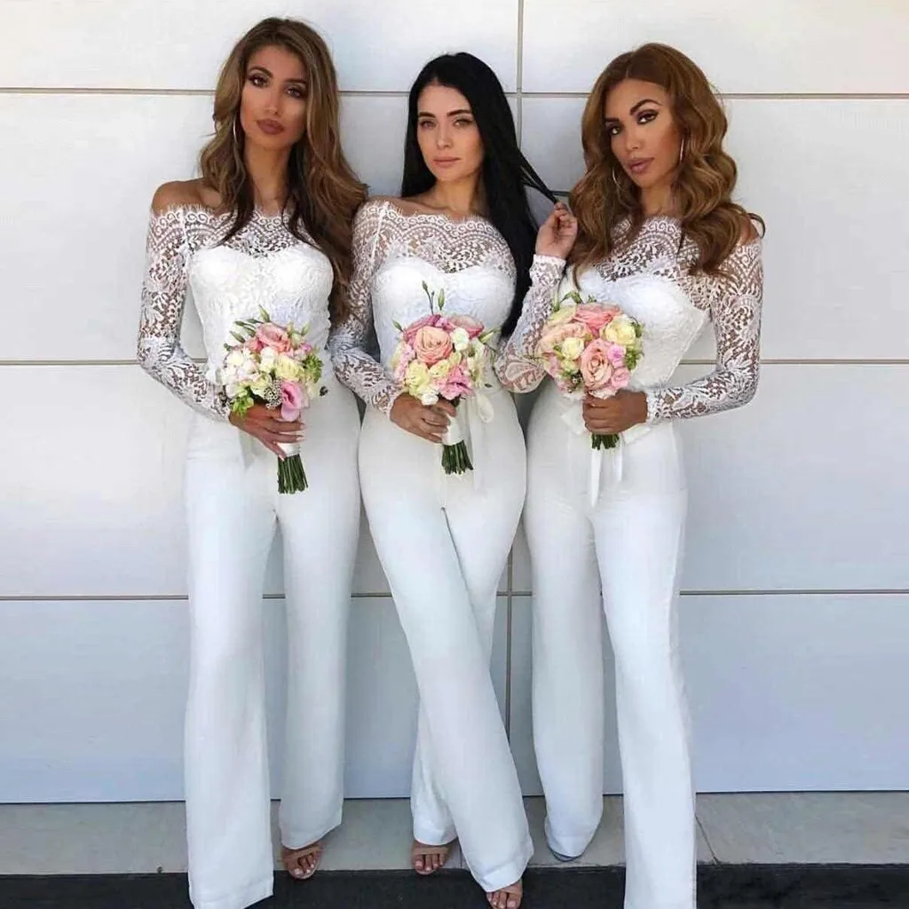 Женский кружевной комбинезон с открытыми плечами элегантный белый длинный