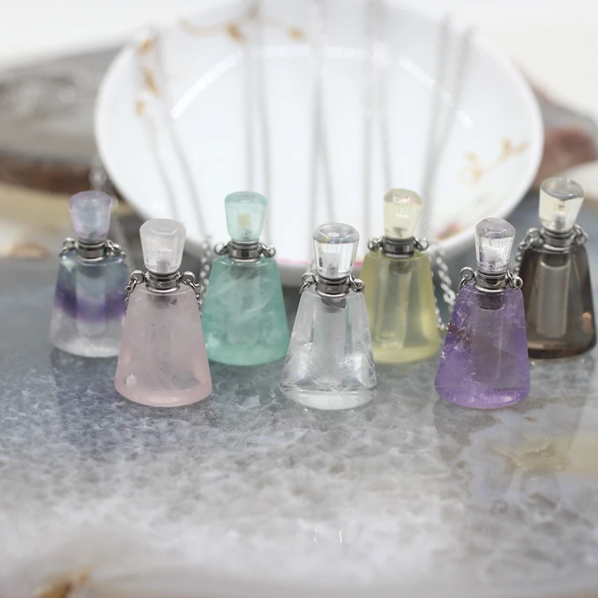 

Natural Stones Perfume Bottle Pendants necklace,Crystal Quartz Charms Silvers Essential Oil Diffuser Vial chains Wholesale