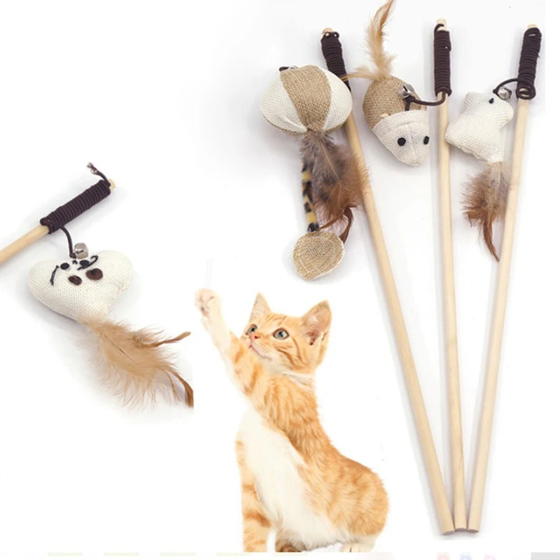 

Wooden Stick Cat Interactive Toys Pet Cat Teaser Toys Feather Wood Rod Mouse Toy With Mini Bell Cat Catcher Teaser