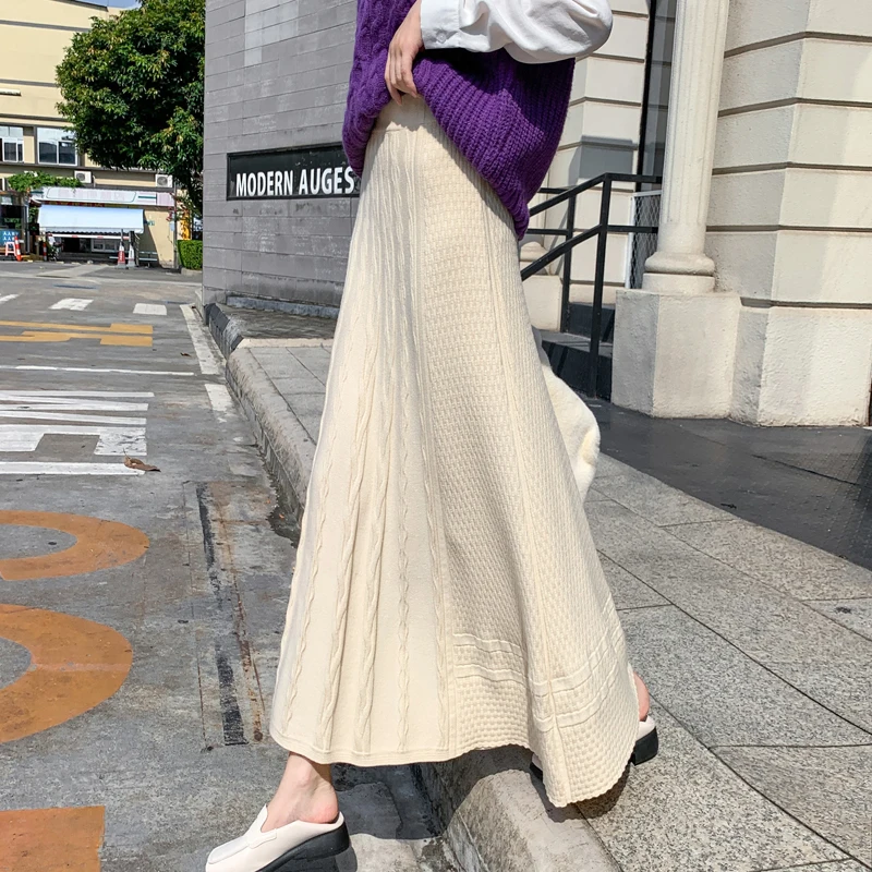 Длинная вязаная юбка женский модный свитер А-силуэта облегающая и элегантная