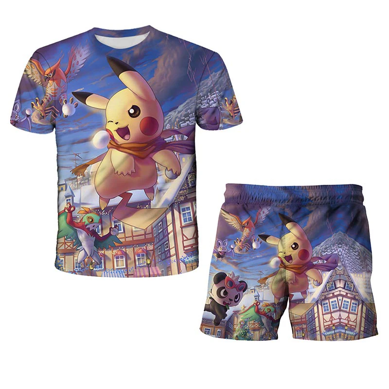 

3D printed Japanese anime Pokemon cartoon children's T-shirt fashion boy girl clothes top + shorts