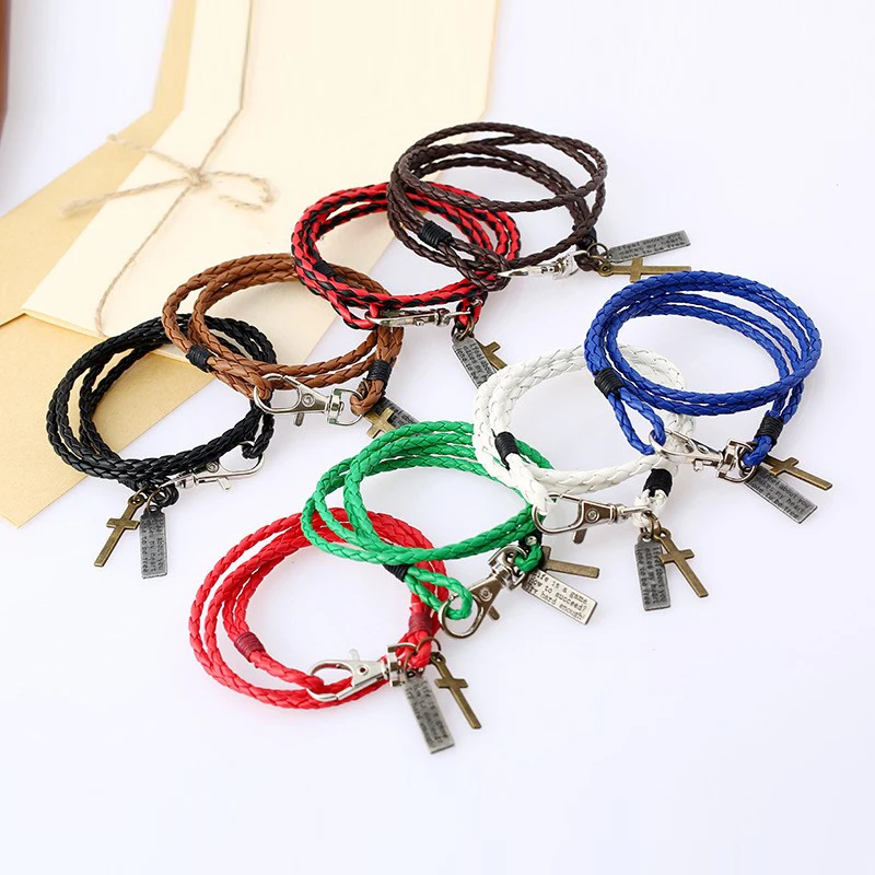 Многослойный Плетеный Кожаный браслет для мужчин и женщин крест Шарм кожаный