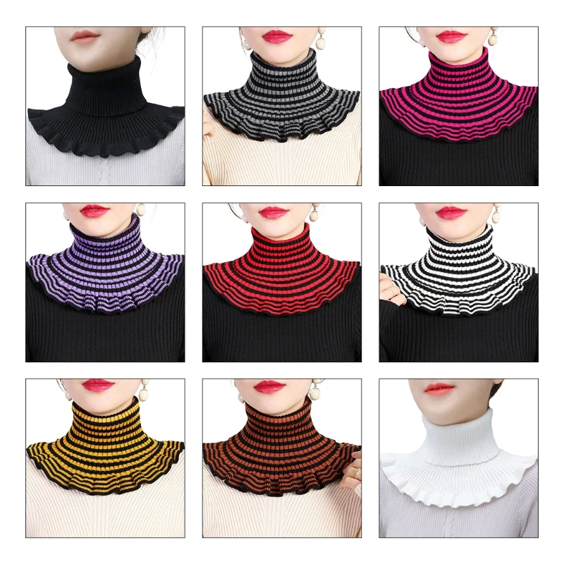 

896E Women Winter Ribbed Knit Fake Collar Multicolor Striped Detachable Sweater Turtleneck Dickey Stretchy Neck Warmer Scarf