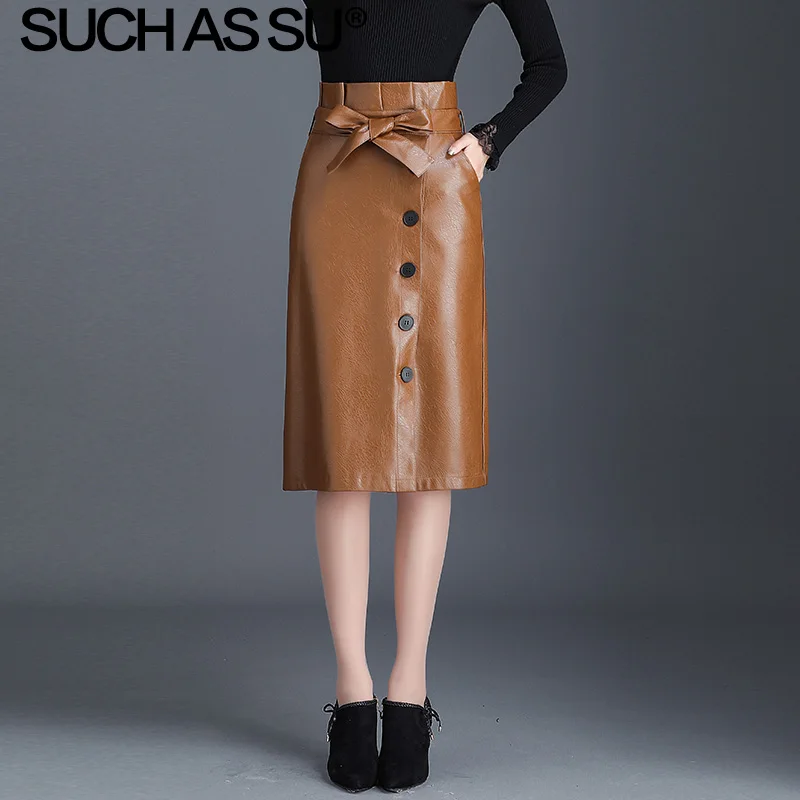 Женская юбка карандаш средней длины черная из искусственной кожи верблюжьей