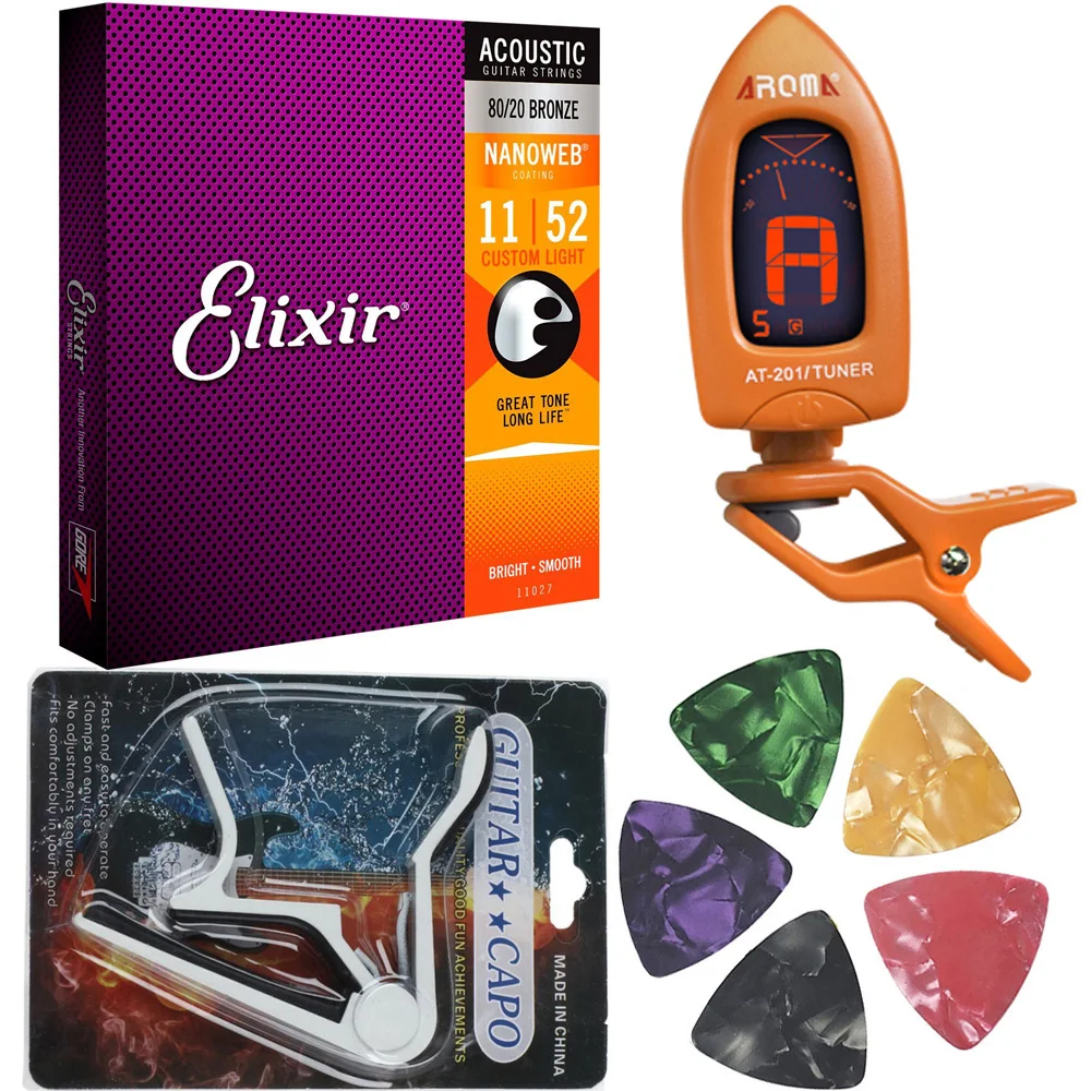 Elixir 11027 Струны для акустической гитары+ целлюлоидные медиаторы Capo 6 режимов тюнер Хроматическая гитара бас укулеле Скрипка Альт