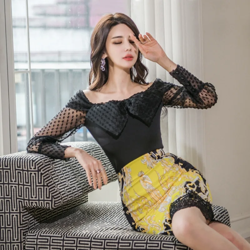 

Spring Summer Sexy Two Piece Set for Woman Slash Neck Puff Sleeve Blouse and Midi Wrap Black Skirt Ladies 2 Piece Set Plus Size